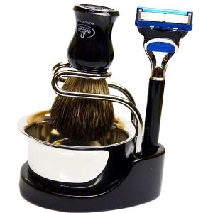 Omega Confezione Regalo Pennello Da Barba In Tasso Nero + Supporto Pennello + Rasoio 5 Lame